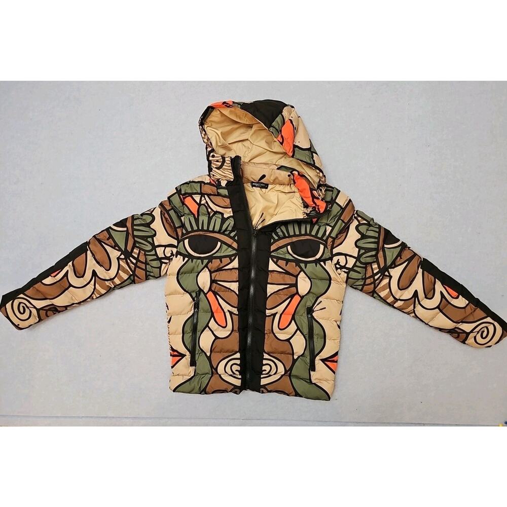 ROKUSTUDIO Patterned Puffer Jacket Abstract Eye Design Olive Orange Size M Zip